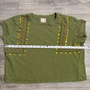 100% Cotton Women‎ Tee Size L Olive Green Embroidered Sequin Slub Crop Bohemian thumbnail 4