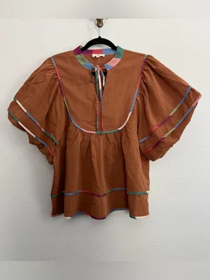 Entro Babydoll Puff Sleeve Top Brown Multicolor Trim Large thumbnail 2