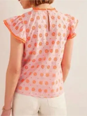 Boden Watermelon Punch Embroidered Flutter Sleeve Pom Trim Top thumbnail 3