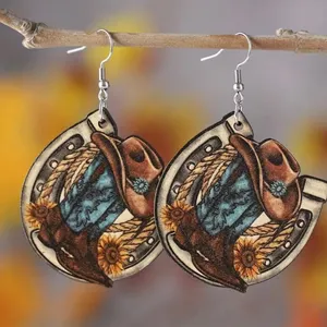 Western style wooden with‎ sunflower shape pattern drop hook earrings Brown thumbnail 5