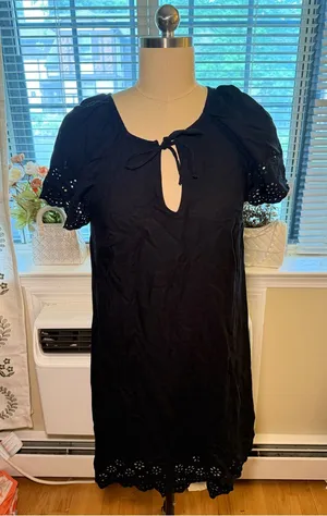 Old Navy Black Eyelet Tie-Neck Mini Dress thumbnail 1