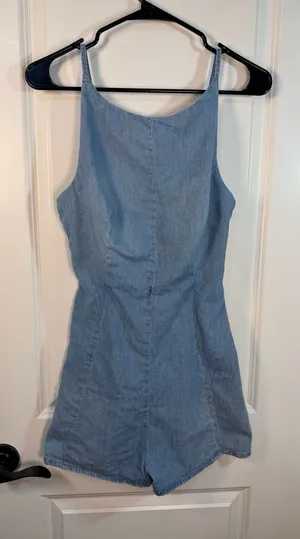Zara Light Wash Denim Tie-Back Romper Size S thumbnail 1
