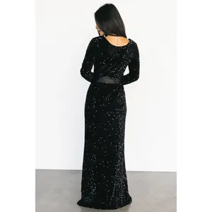 Baltic Born NWOT Julia Sequin Maxi‎ Dress Black Long Sleeve Side Slit L thumbnail 5
