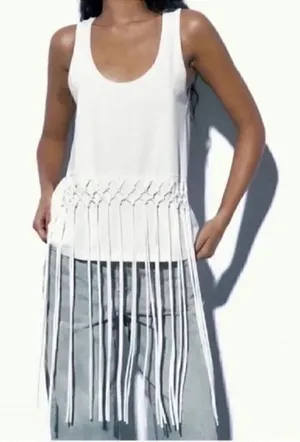 Zara White Fringe Sleeveless Cotton Top (Size Medium) thumbnail 1