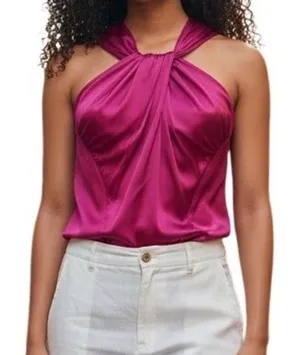 CACHE Fuchsia‎ Pink Silk Blend Twisted Halter Neck Blouse Top EUC Size Medium thumbnail 1