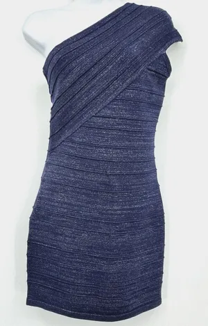 Foreign Exchange One Shoulder Bandage Mini Dress Womens M Navy Shimmer Bodycon thumbnail 1