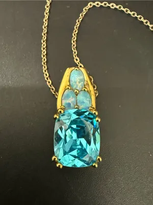 925 Sterling Gold Vermeil Cushion Cut Blue Topaz Gemstone Opal Pendant Necklace thumbnail 14