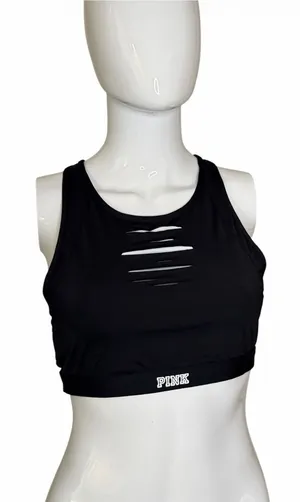 PINK Victoria's Secret Black Slashed Front Sports Bra thumbnail 1
