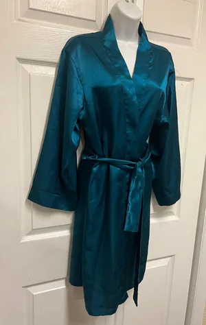 Icollection Teal Short Satin Robe Blue Size L thumbnail 6