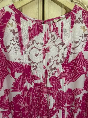 Farm Rio Tropical Woodcut Dress Pink Floral Appliqué Lace Resort Wear Smocked L thumbnail 4