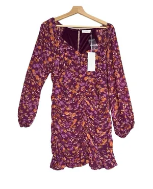 Lush Clothing NEW Mini Dress Womens Sz M Purple Floral Ruched Long Sleeve Holiday Dress thumbnail 1