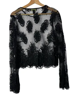 Forever 21 Plus Black Mesh Floral‎ Lace Scallop Hem Sheer Long Sleeve 1X thumbnail 2