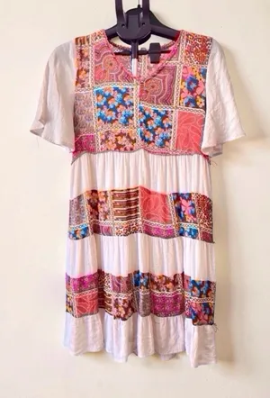 ODDI Patchwork Tiered Mini Dress Flutter Sleeve summer boho Size S Red thumbnail 1