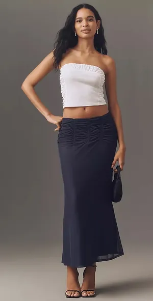 Anthropologie Maeve Dark Navy Blue Ruched Yoke Column Maxi Skirt thumbnail 1