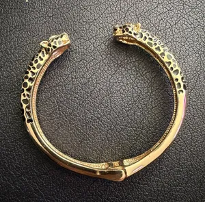Leopard Head Hinged Cuff Bracelet Gold Tone panther face to face enamel crystal cheetah statement thumbnail 1