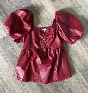 TCEC Red Faux Leather Puff-Sleeve Peplum Top Size Small thumbnail 1