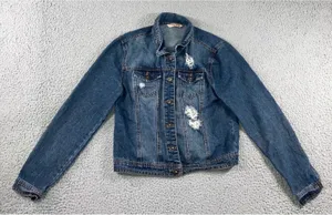 Highway Jeans Denim Jacket Women M Medium Wash Distressed‎ Ripped Trucker thumbnail 1