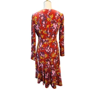 London Times Size 6 Rust Floral Velvet Asymmetric Neck Long Sleeve Flounce Dress thumbnail 4