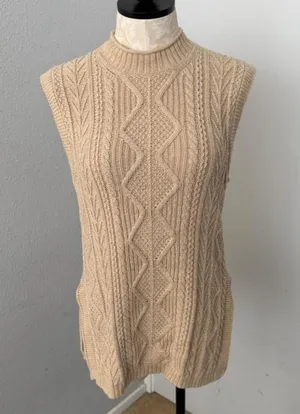 Polo Ralph Lauren Beige Cable Knit Sleeveless Tunic Sweater Mock Neck - Size M thumbnail 1
