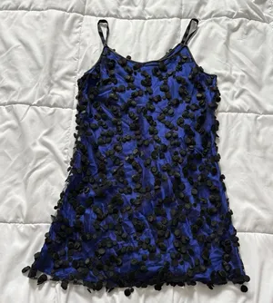 Vintage 80s 90s Mini Cocktail Dress Blue‎ Black Dainty Romantic Feminine Whimsy thumbnail 1