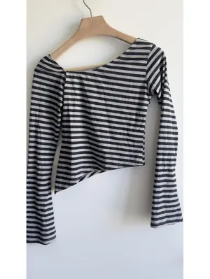 Motel Rocks Dalene Asymmetric Top Gray Black Stripe Long Sleeve Size S NWT thumbnail 7
