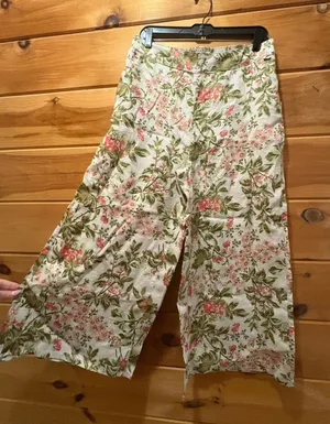 Laura Ashley 100% Linen Wide-Leg Berry & Floral Pants with Pink & Green Print Lg thumbnail 1