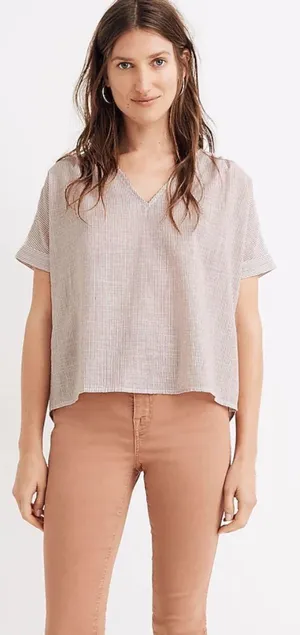 Madewell V-Neck Button-Back in Strip Short Sleeve Red White Blouse thumbnail 1