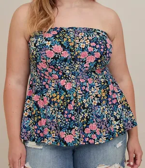 Torrid SZ 0 (Large) Challis Lace-Up Back Corset Top Floral Strapless Smocked New thumbnail 1