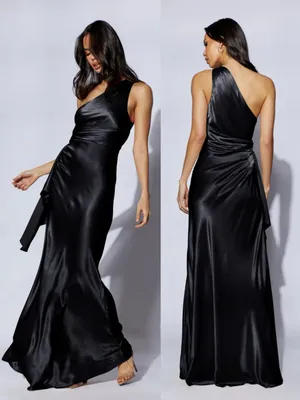Meshki • Calliope One Shoulder Maxi Dress gown black satin formal evening draped thumbnail 10