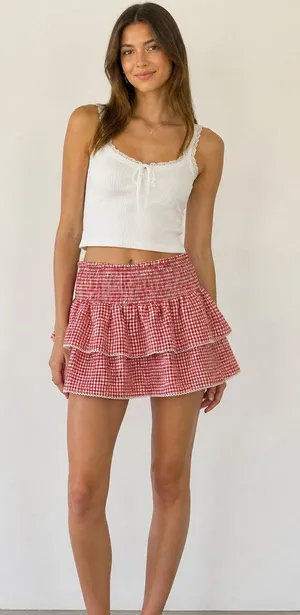 One Clothing Red White Gingham Ruffle Mini Skirt M thumbnail 1