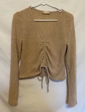Altar’d State Hailey‎ Fuzzy Tie Front Taupe Sweater Size Large thumbnail 1