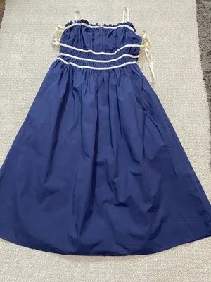Navy Midi Dress with White Trim and Spaghetti Straps Size L 100% Cotton thumbnail 13