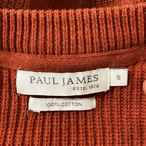 Paul James cotton ribbed v-neck sweater in rust hue size S thumbnail 9