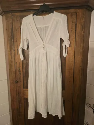 Free People Cream Button-Down V-Neck Midi Dress Large thumbnail 4