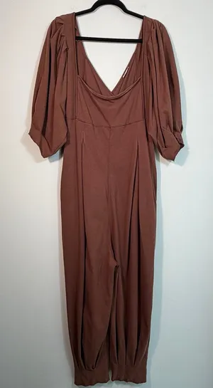 Free People Lotta Love Oversized Jumpsuit Brown Puff Sleeve Large thumbnail 1