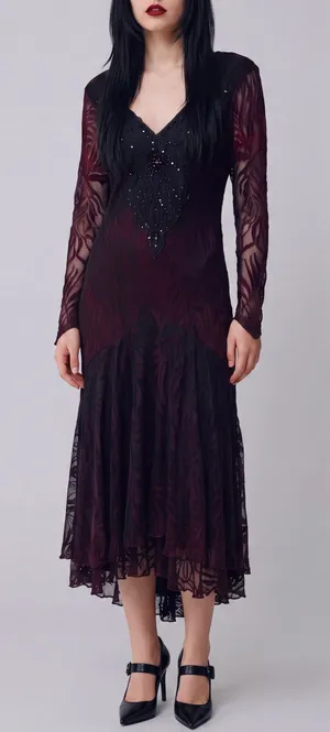 Vintage 80s Climax Lace Overlay long sleeve whimsigoth witchy dark romance Dress thumbnail 1