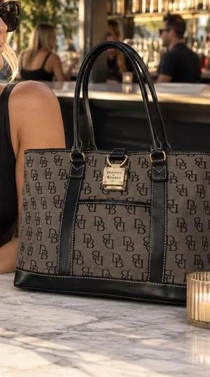 DOONEY & BOURKE Black Gray DB Monogram Buckle Flap Top Shoulder Large Tote Bag thumbnail 1