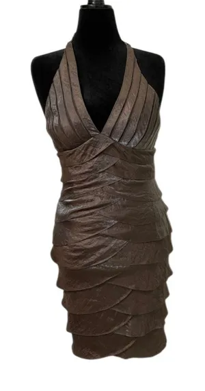 Caché Vintage Y2K Bronze Metallic Halter Dress Womens 8 Petal Tiered Midi thumbnail 1