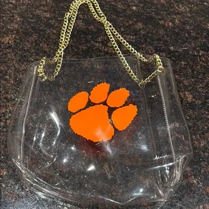 Clear Tote Bag with orange Clemson Tiger Paw Print and Gold Chain thumbnail 1