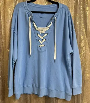 Aerie Light Blue Lace Up Oversized Cozy Sweater Size Med NWOT thumbnail 1