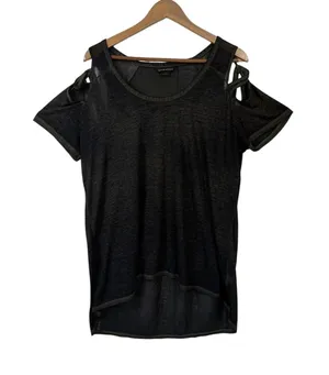 Rock & Republic T-Shirt Womens XL Gray Cold Shoulder Cut Out Burnout High Low thumbnail 1
