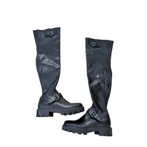 Nine West Over The Knee Lug Sole Moto Boots Black Buckle Size 7M Side Zip NEW thumbnail 2