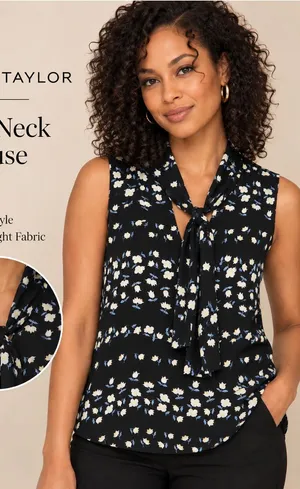 Ann Taylor Floral Tie Neck V-Neck Sleeveless Blouse Black Size S thumbnail 1