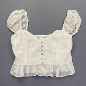 Lovers and Friends White Puff Sleeve Button Front Crop Top‎ Smocked Small thumbnail 1