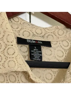 Style & Co Beige Lace Short Sleeve Collared Button Down Top Large Vacation Beach Tan Shirt thumbnail 3