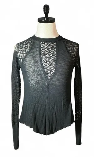 Free People Black Lace‎ Illusion Long Sleeve Mesh Sheer Top XS Whimsigoth thumbnail 1
