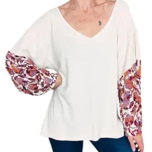 Anthropologie Annette Top Ivory Paisley Long Sleeve Waffle Knit Oversized Sz Med thumbnail 2