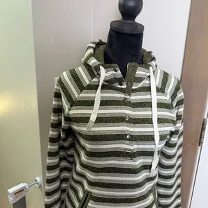 Eddie Bauer Olive Green White Stripe Popover Hoodie Sweatshirt Buttons Knit S thumbnail 2