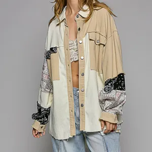 L POL Beige Cream Patchwork Long Sleeve Button Shirt Jacket thumbnail 3