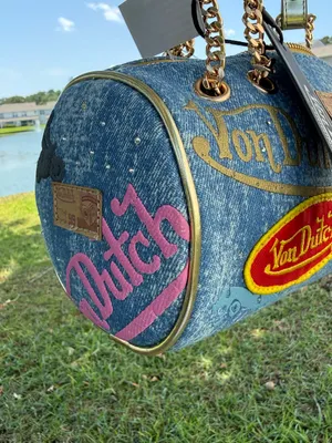 NWT Von Dutch Denim Logo Patch Barrel Bag Gold Chain Y2K McBling Shoulder Purse thumbnail 2